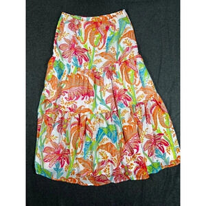 Gretchen Scott Blue Orange Floral Tiered Midi Skirt Boho Small beach vaca